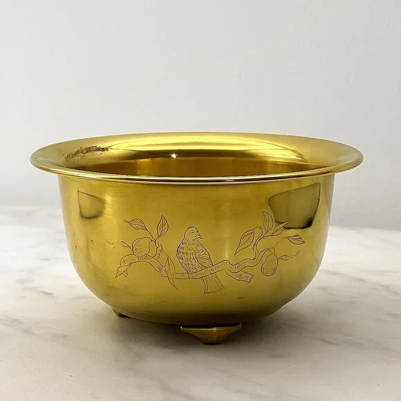 Vtg Etched Brass Bowl Birds Footed Dual-Sided Planter 1960s Decor MCM 3.5"T 6"D - Picture 2 of 10